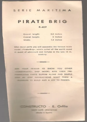 PIRATE BRIG R - 409,maqueta para montar barco pirata,caja cartón 5x11x 26 cm, con instrucciones ni escala, Menorca, pequeños roces en la caja