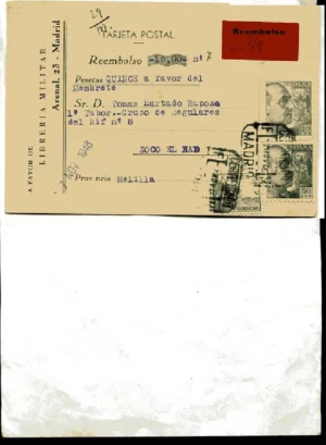 ENTERO POSTAL CIRCULAD0 DE MADRID A ZOCO EL HAD, MELILLA , noviembre 1946, sellos y cuño postal , LIBRERÍA MILITAR ,15x 10 cm