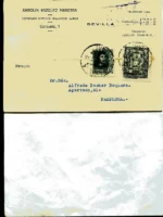 ENTERO POSTAL GUERRA CIVIL, CIRCULADO DE SEVILLA A PAMPLONA, septiembre 1938, sellos y cuño postal , 14x 9 cm.