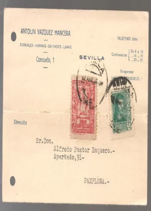 ENTERO POSTAL GUERRA CIVIL, ANTOLIN VAZQUEZ MANCERA CIRCULADO DE SEVILLA A PAMPLONA, abril 1938, sellos y cuño postal , 2 perforaciones 14x 9 cm