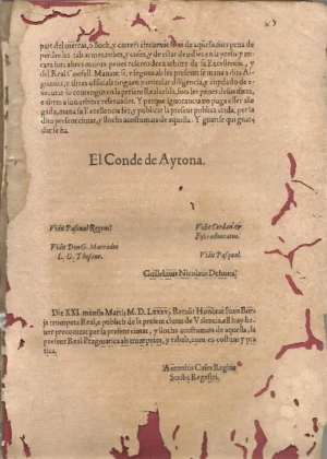 REAL CRIDA Y EDICTE sobre coses concernents a la pacificacio de la present ciutat y quietur dels poblats en aquella feta per don Francisco de Moncada copte de Aytona y de Olona capita General en lo present regne de Valencia..