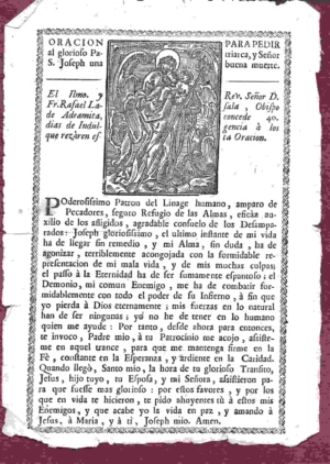 oración para pedir al patriarca S. Joseph una buena muerte Rev D Fr Radael Lasala concede..,siglo XIX, 1 hoja algo deteriorada