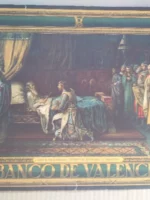 LAMINA CALENDARIO en papel,TESTAMENTO DEL REY JAIME I de I.PINAZO ,copia de M.DIAGO, BANCO DE VALENCIA, 32x 47 CM
