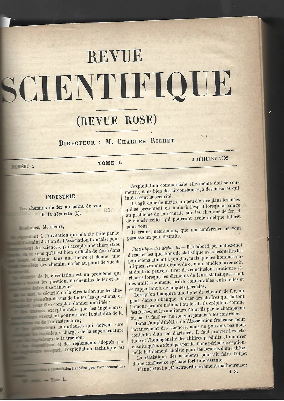 REVUE SCIENTIFIQUE dtor RICHET tome L, nº 1 a 27