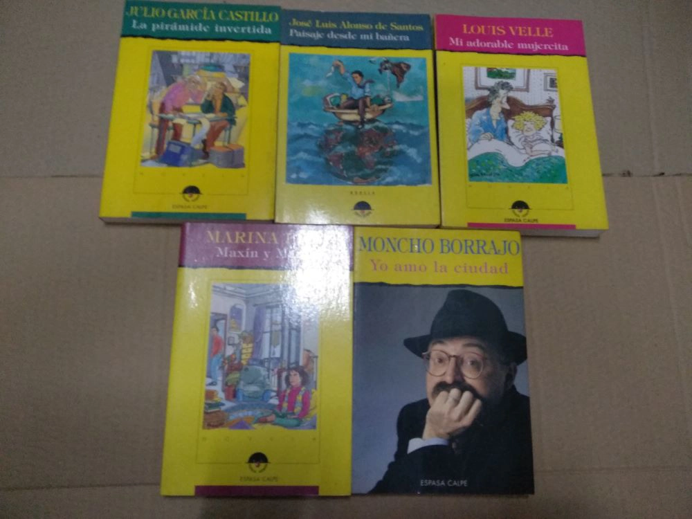 lote 5 libros Espasa Calpe humor GARCIA CASTILLO la piramide invertida ,ALONSO paisajes desde mi bañera, VELLE mi adorable mujercita, MARINA maxim , BORRAJO yo amo la ciudad, buen estado , pesa más de 1000 grs