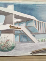 dibujo original diseño arquitectura años 60 firmado 30x 42 cm