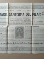 cartel 1925 SOLEMNE TRIDUO Y FIESTA que consagra a MARIA SANTISIMA DEL PILAR ... en parroquia SANTOS JUANES DE VALENCIA ... sermones a cargo de d. Justo Martinez Alcayde 44x 63 cm, plegado