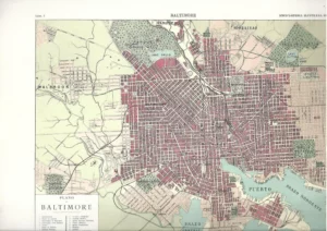 plano BALTIMORE prox 1910 y al dorso fotos de la ciudad de la epoca 23x32 cm doblado por la mitad