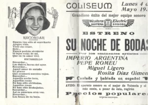 CARTEL CINE COLISEUM VALENCIA 1931.estreno SU NOCHE DE BODAS IMPERIO ARGENTINA 22x32 cm doblado por la mitad