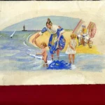 acuarela original sin firma VALENCIANAS EN EL MAR, AL FONDO EL PUERTO papel algo sucio 32x 17 cm