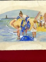 acuarela original sin firma VALENCIANAS EN EL MAR, AL FONDO EL PUERTO papel algo sucio 32x 17 cm