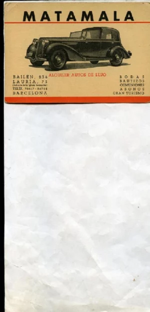 POSTAL PUBLICITARIA MATAMALA, ALQUILER AUTOS DE LUJO, BARCELONA, 13,5 x 9,5 cm.
