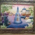 LAMINA cromolitografica ORIGINAL en relieve ESTANQUE Y FUENTE