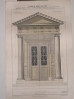 LAMINA LITOGRÁFICA ARQUITECTURA finales XIX ORDEN DORICO FACHADA ESTUDIOS DE DIBUJO A LA AGUADA CON PROPORCIONES impresor MONROCQ PARIS